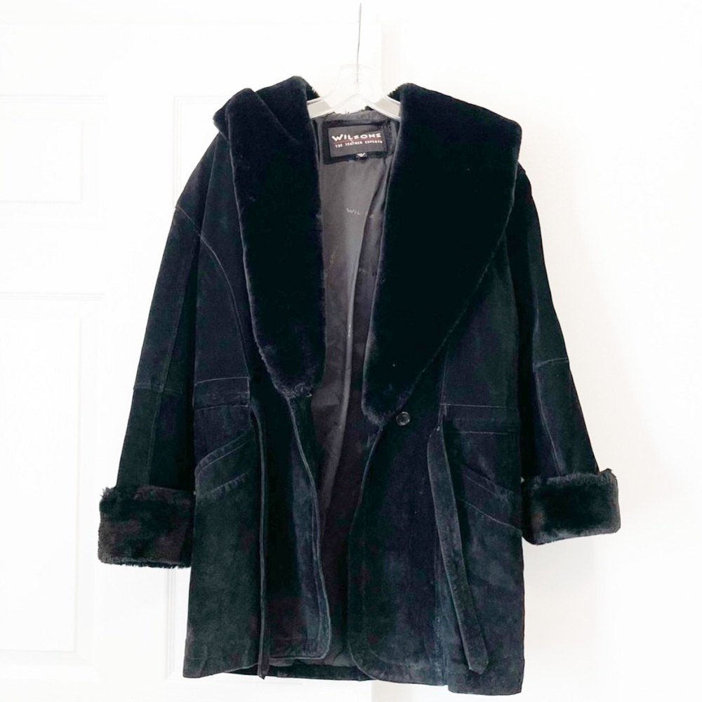 • vintage suede penny lane black leather jacket with fur collar and cuffs •